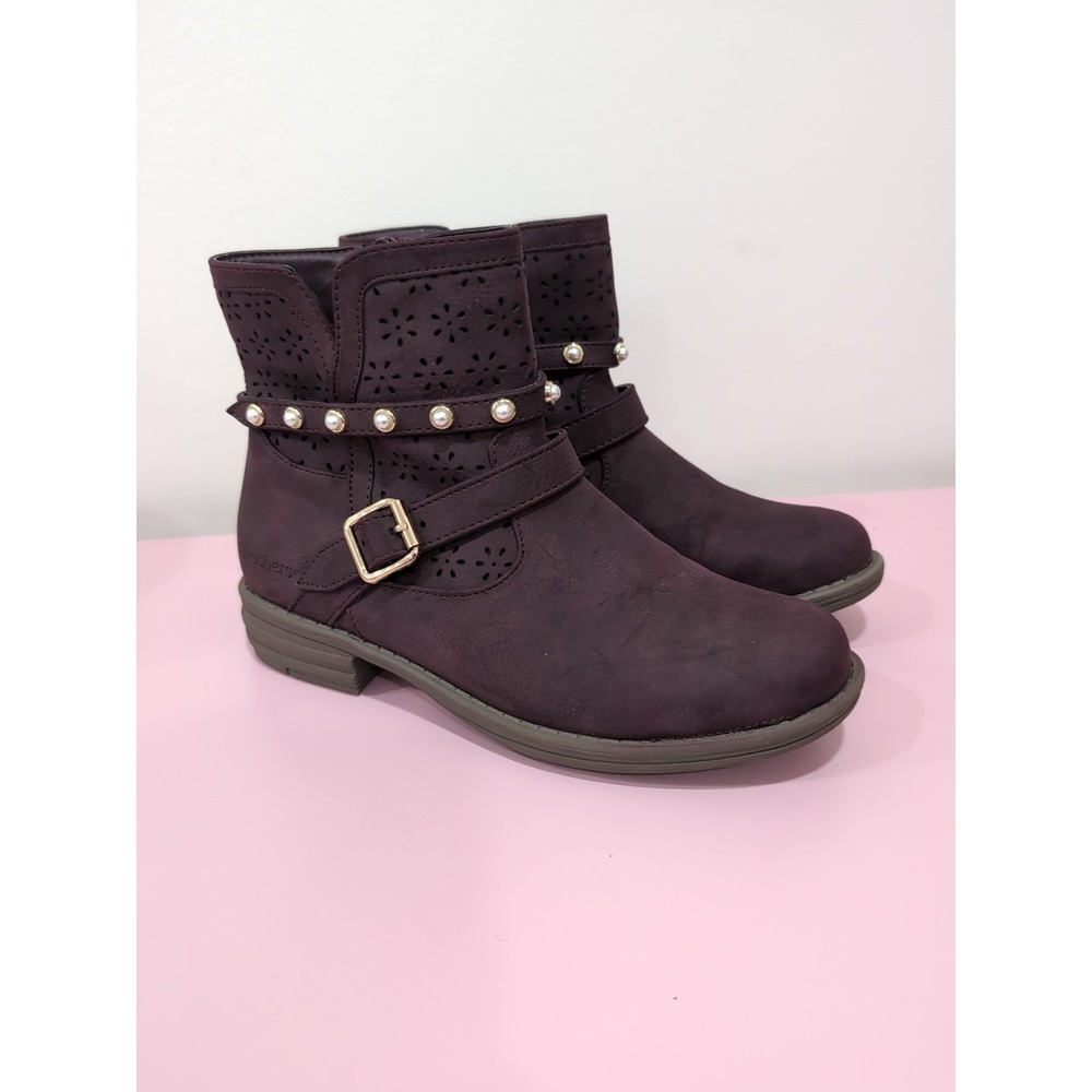 New Skechers Girls Mad Dash Gems Ankle Boots In Purple Faux Pearls Buckles Sz. 3